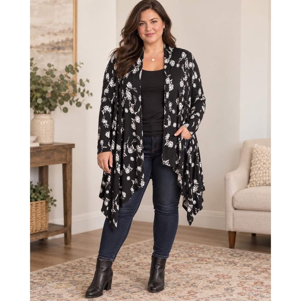Lane Bryant Black White Floral Open Front Drape Cardigan Size 14/16